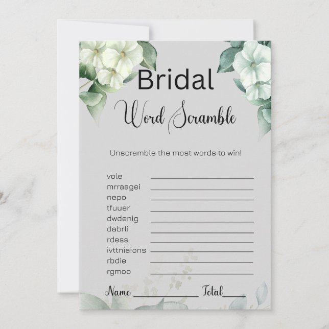 Greenery & Flowers Bridal Grey Word Scramble Game Invitation (Front)