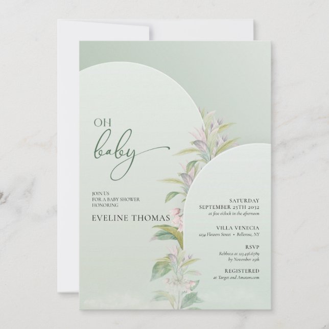 greenery folaige blush floral boho oh baby invitation (Front)