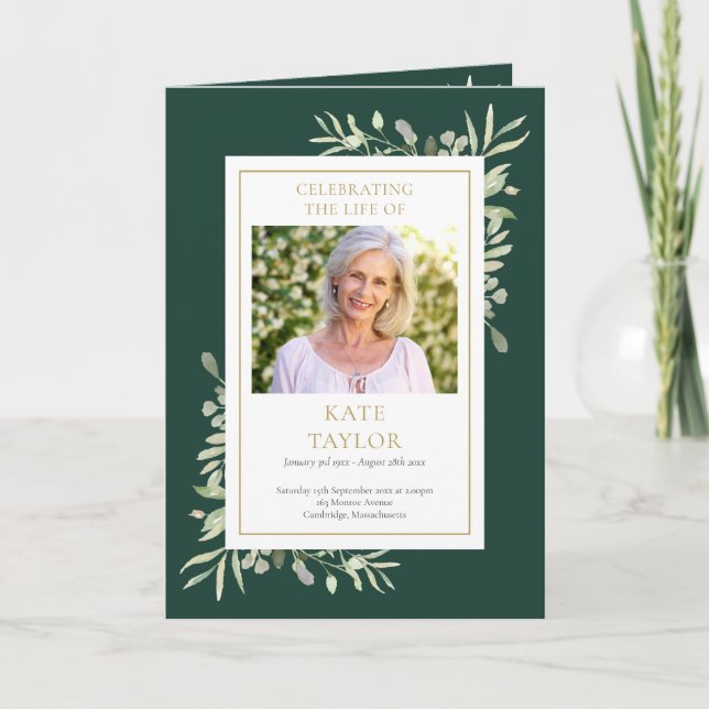 Greenery Folded Funeral Memorial Order Of Service Programme (Front)