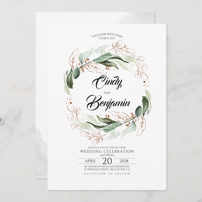 Greenery Foliage and Copper Leaves Elegant Wedding Invitation (Front/Back)