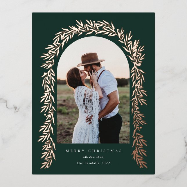 Greenery foliage Arch Garland Photo Rose Gold Foil Holiday Postcard (Front)