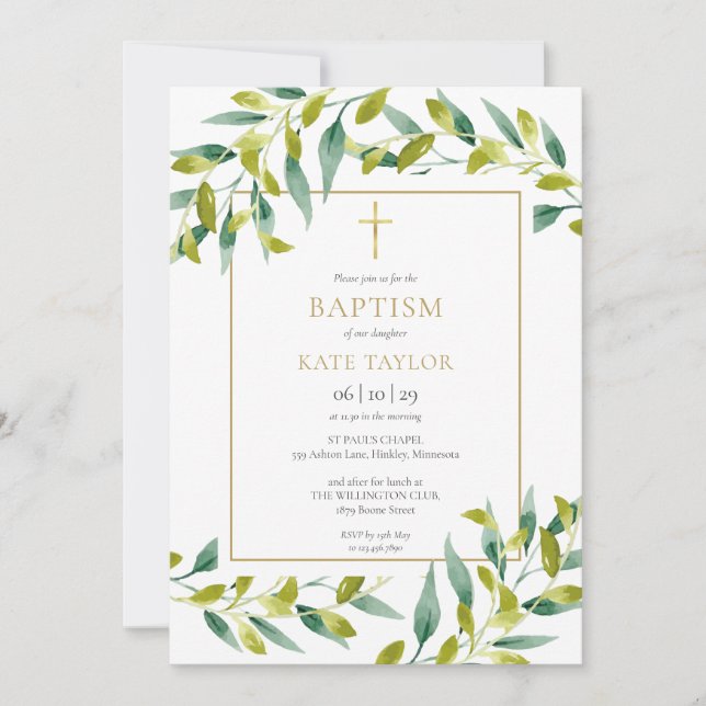 Greenery Foliage Baptism Christening Invitation (Front)