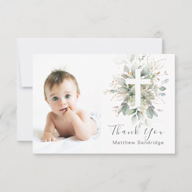 Greenery foliage Baptism Photo Flat Thank You Card (Front)