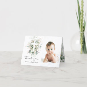 Greenery foliage Baptism Photo Thank You Card