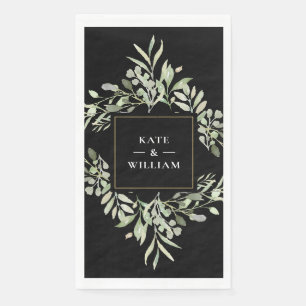 Greenery Foliage Black And White Gold Wedding Napkin
