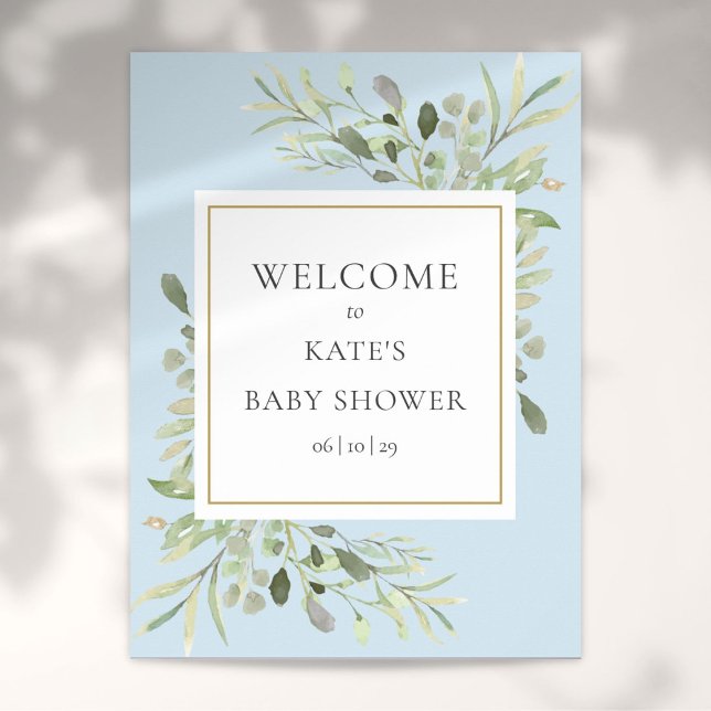 Greenery Foliage Blue Baby Boy Shower Welcome Sign (Greenery Foliage Blue Baby Boy Shower Welcome Sign)
