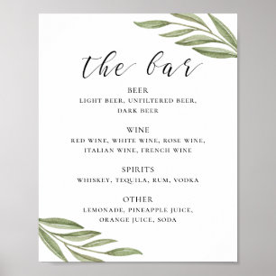Greenery foliage calligraphy wedding drinks bar poster