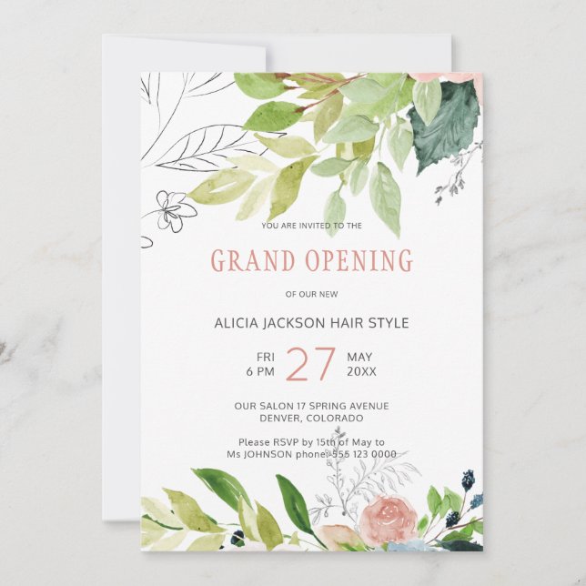 Greenery foliage chic beauty salon grand opening invitation (Front)