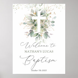 Greenery Foliage Cross Baby Baptism  Poster