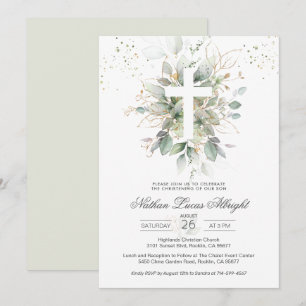 Greenery Foliage Cross Baby Christening Invitation