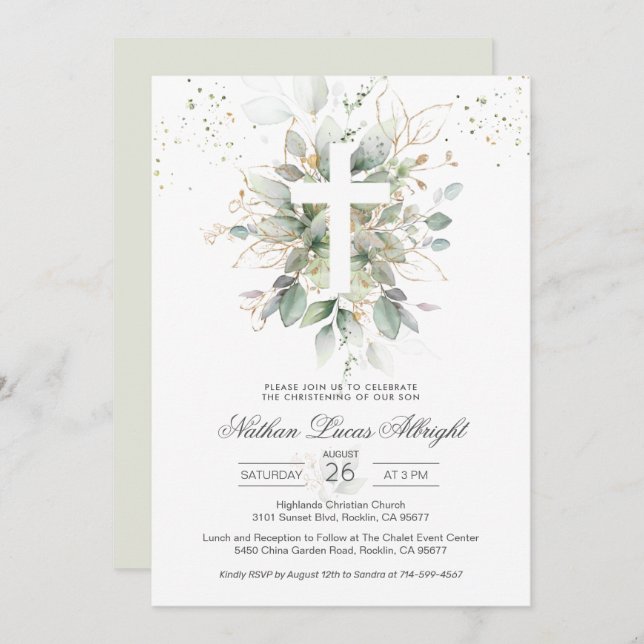 Greenery Foliage Cross Baby Christening Invitation (Front/Back)