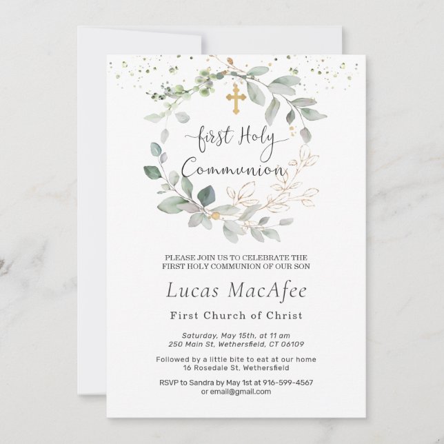 Greenery Foliage Cross First Communion Invitation (Front)