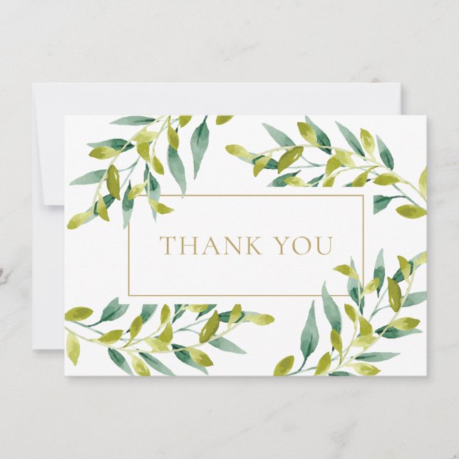 Greenery Foliage Elegant Gold Geometric Thank You Card (Front)