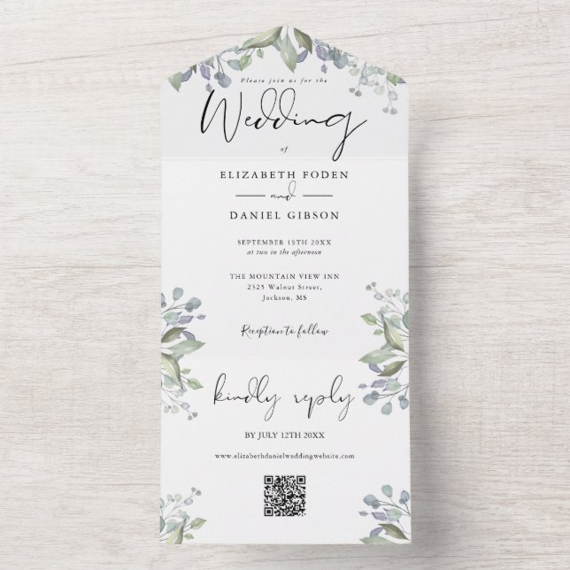Greenery Foliage Elegant Script QR Code Wedding All In One Invitation (Inside)