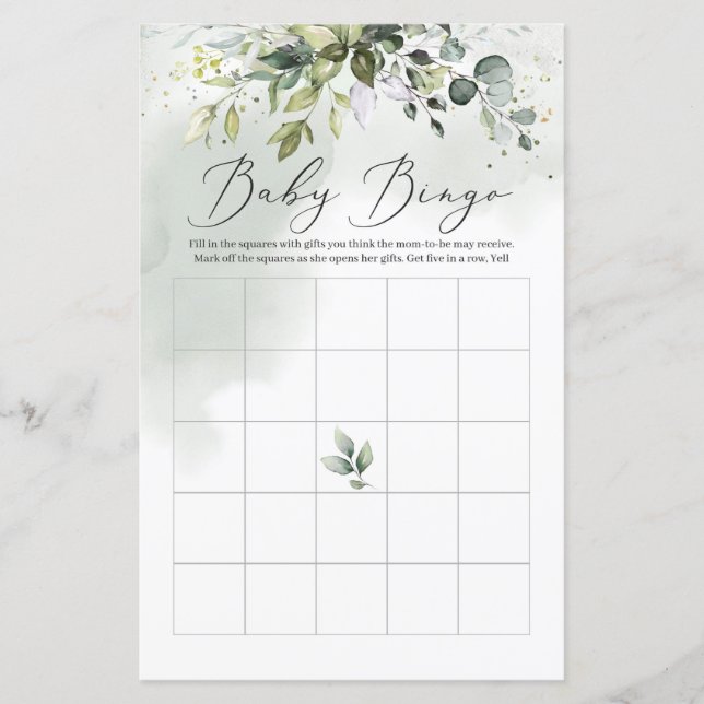 Greenery foliage eucalyptus boho baby bingo game (Front)