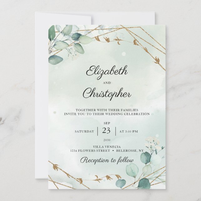 Greenery Foliage Eucalyptus Gold Frame Wedding Invitation (Front)