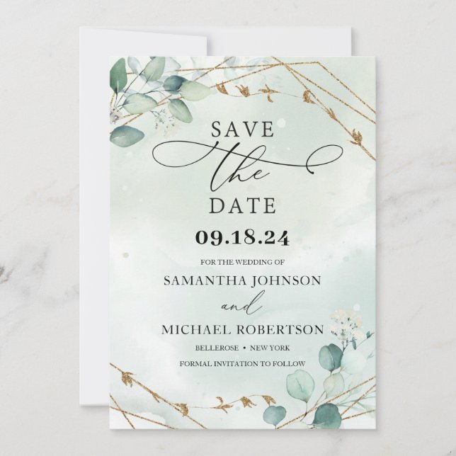 Greenery foliage eucalyptus leaves faux gold frame save the date (Front)