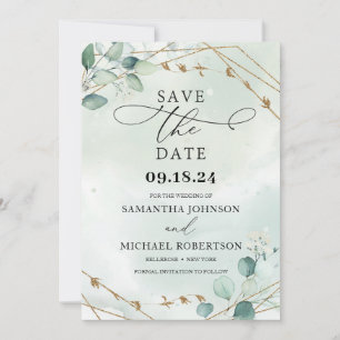 Greenery foliage eucalyptus leaves faux gold frame save the date