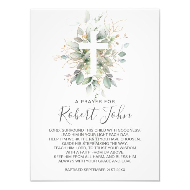 Greenery Foliage Gender Neutral Baptism Prayer  Photo Print (Front)