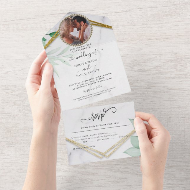 Greenery Foliage Glitter Gold Wedding All In One Invitation (Tearaway)