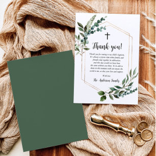 Greenery Foliage Gold Cross Baptism Thank You Card