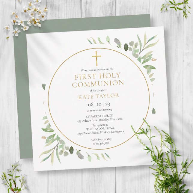 Greenery Foliage Gold First Holy Communion Invitation (Creator Uploaded)