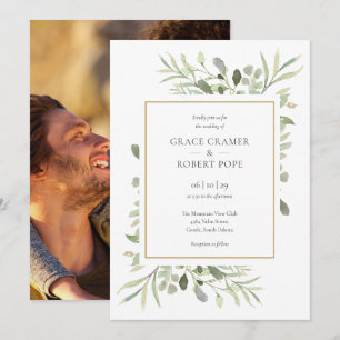 Greenery Foliage Gold Geometric Photo Wedding Invitation