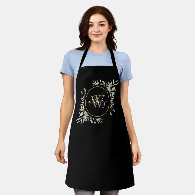 Greenery Foliage Gold Monogram Chic Script Black Apron (Worn)