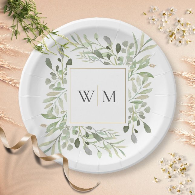 Greenery Foliage Gold Monogram Wedding Paper Plate (Creator Uploaded)