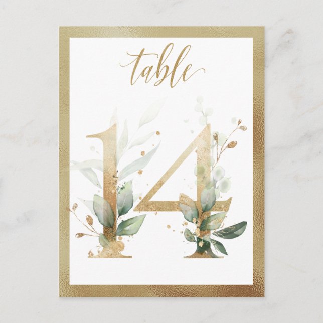 Greenery Foliage Gold Table Numbers, Table 14 Card (Front)