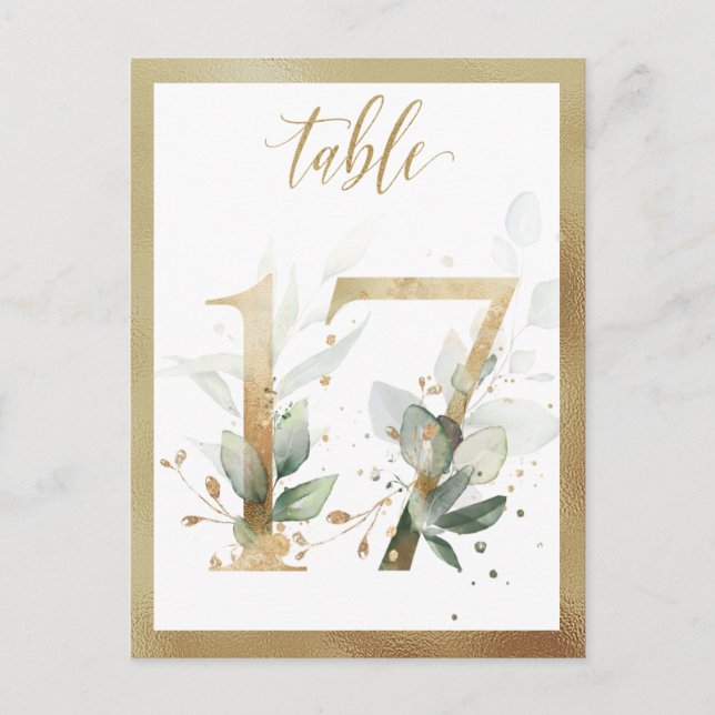 Greenery Foliage Gold Table Numbers, Table 17 Card (Front)
