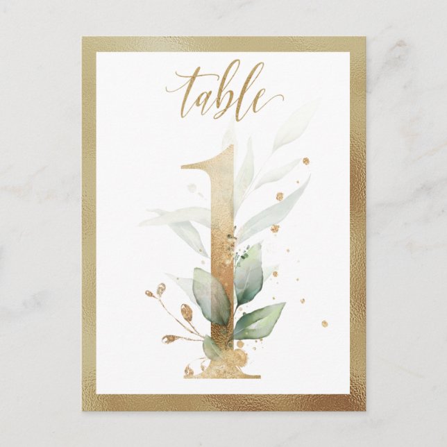 Greenery Foliage Gold Table Numbers, Table 1 Card (Front)