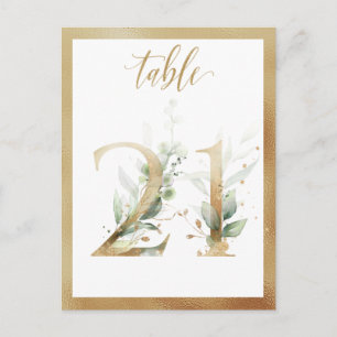 Greenery Foliage Gold Table Numbers, Table 21 Card