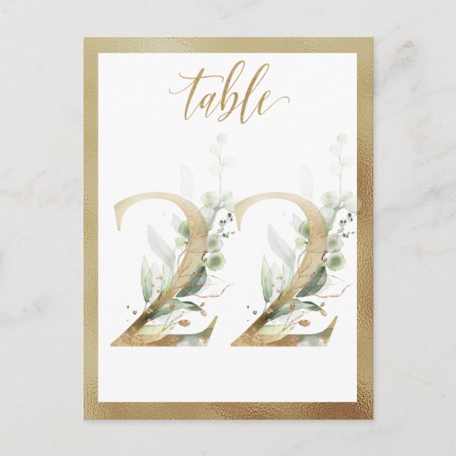 Greenery Foliage Gold Table Numbers, Table 22 Card (Front)