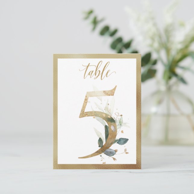 Greenery Foliage Gold Table Numbers, Table 5 Card (Standing Front)