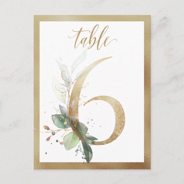 Greenery Foliage Gold Table Numbers, Table 6 Card (Front)