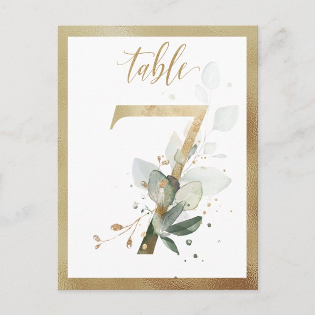 Greenery Foliage Gold Table Numbers, Table 7 Card (Front)