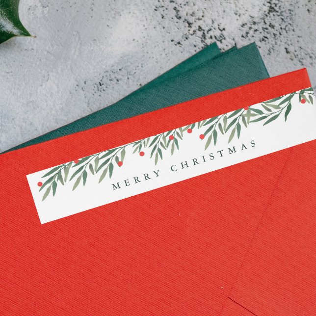 Greenery Foliage Modern Christmas Return Address Wrap Around Label (Elegant Christmas Greenery Leaves Foliage Christmas Return Address Label.)