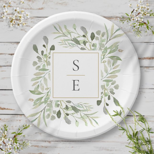 Greenery Foliage Monogram Initials Wedding Paper Plate (Greenery Foliage Monogram Initials Wedding Paper Plates)