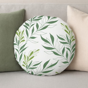   Greenery Foliage Pattern Elegant Green And White Round Cushion