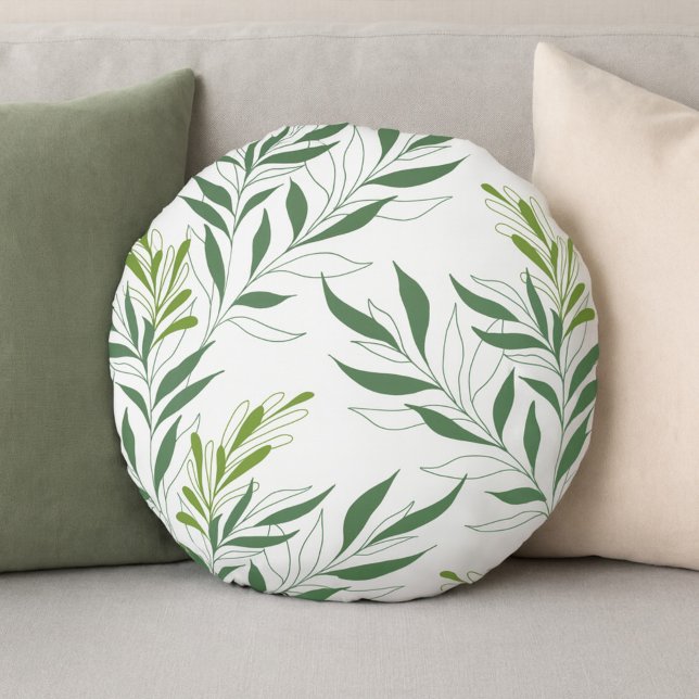   Greenery Foliage Pattern Elegant Green And White Round Cushion (Creator Uploaded)