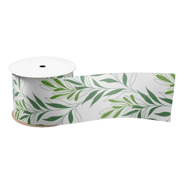   Greenery Foliage Pattern Elegant Green And White Satin Ribbon (Spool)