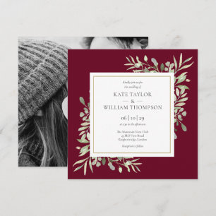 Greenery Foliage Photo Burgundy Wedding Square Invitation