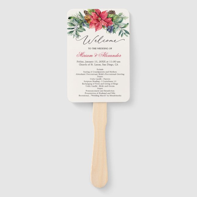 Greenery Foliage Poinsettia Wedding Program Hand Fan (Front)