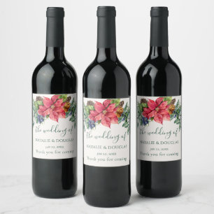 Greenery Foliage Poinsettia Wedding Wine Label
