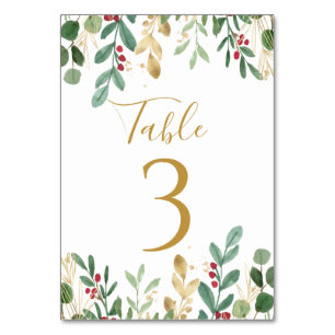 Greenery Foliage Red Berry Christmas Wedding Table Number