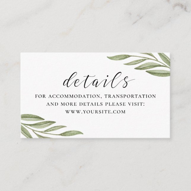 Greenery foliage script wedding details + QR code Enclosure Card (Front)