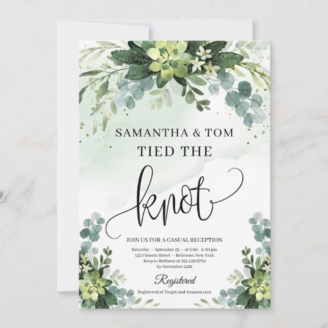 Greenery foliage succulent floral tied the knot invitation (Front)