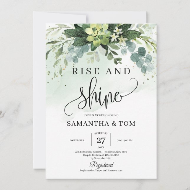Greenery foliage succulent flowers rise and shine invitation (Front)