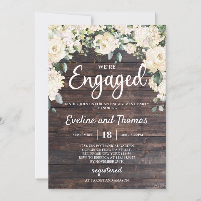 Greenery foliage white rose wood rustic engagement invitation (Front)